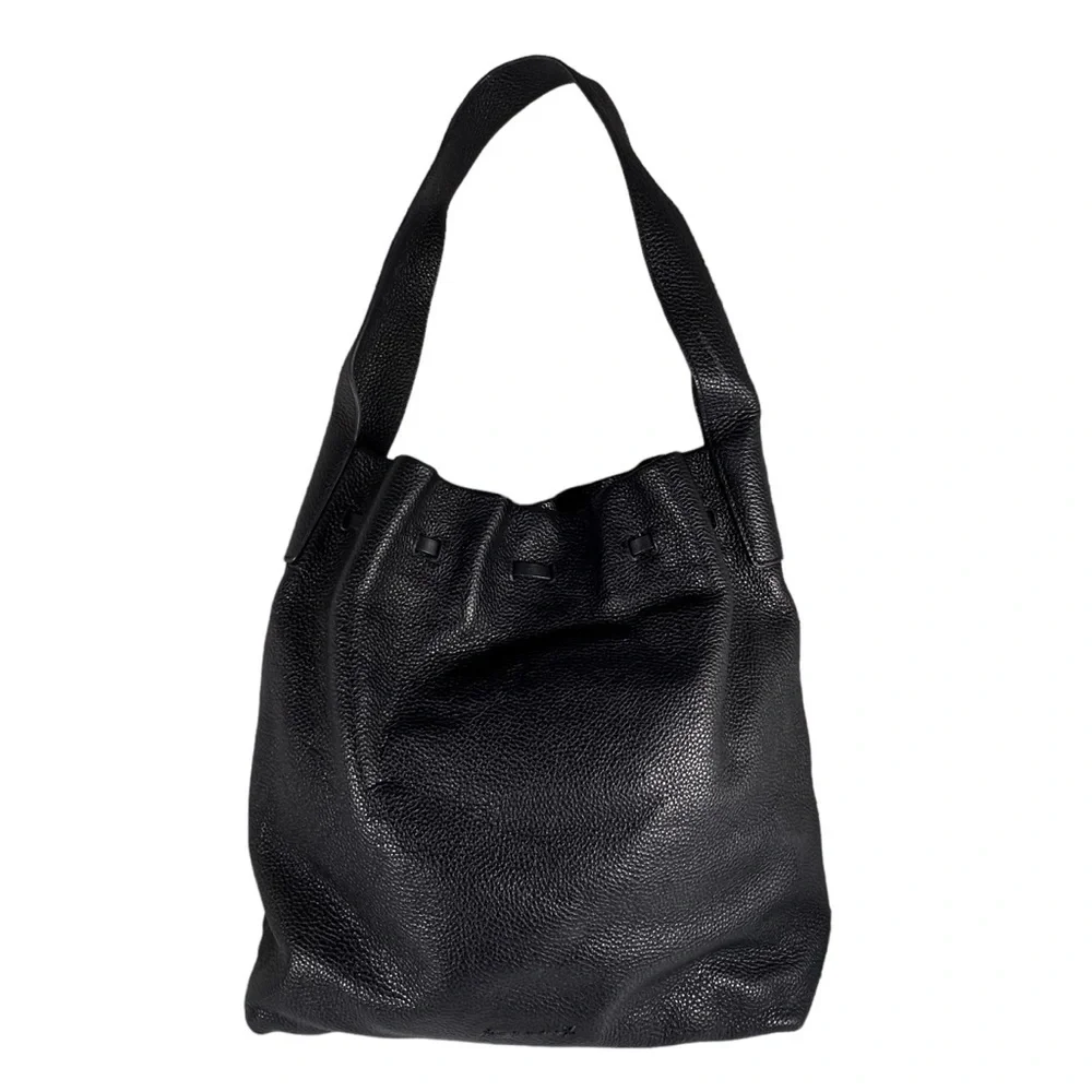Elizabeth and James Teddy Leather Hobo Handbag Black Drawstring Single Strap